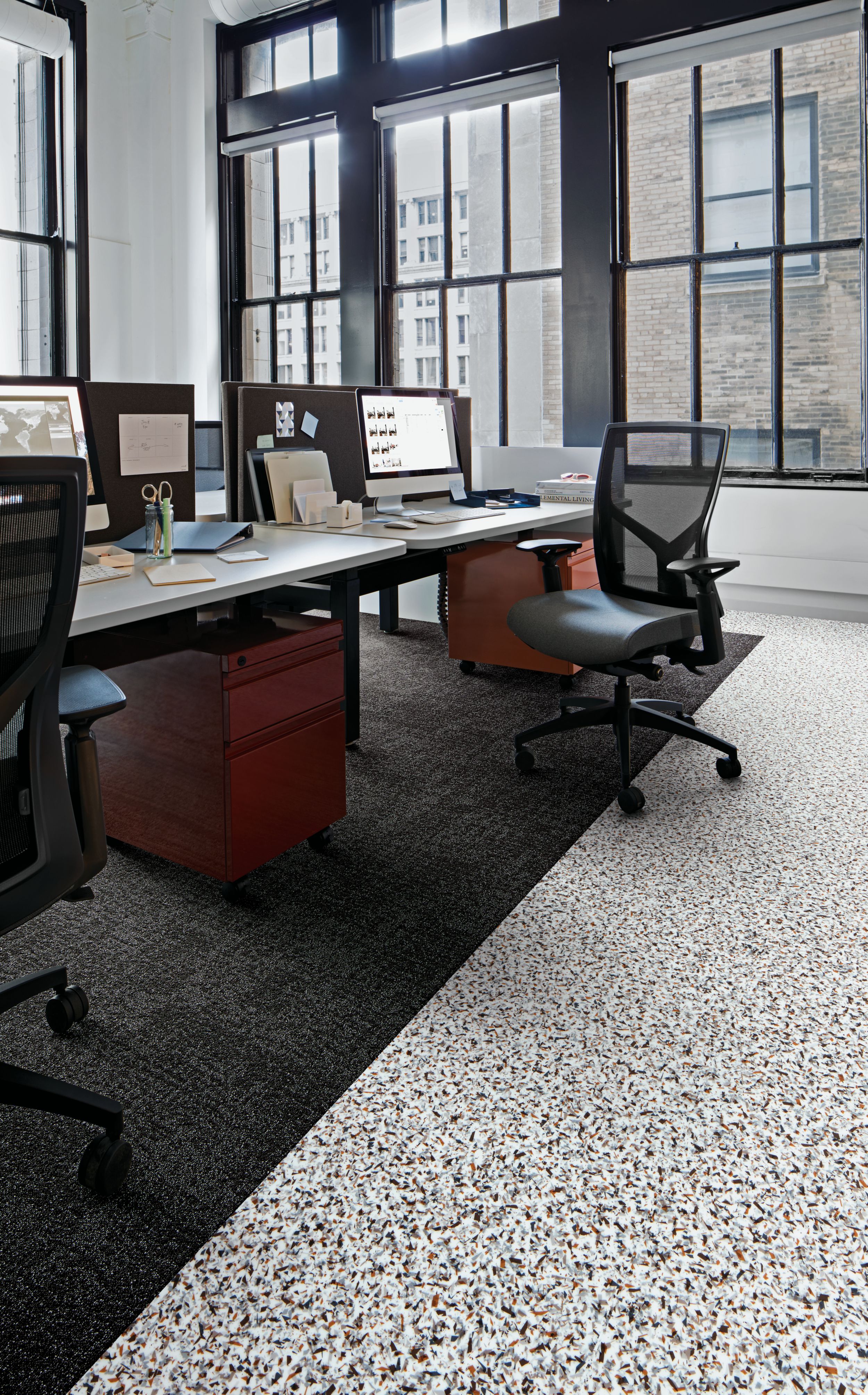 Interface Walk on By LVT and Step in Time carpet tile in cubicle area with rolling chairs image number 8